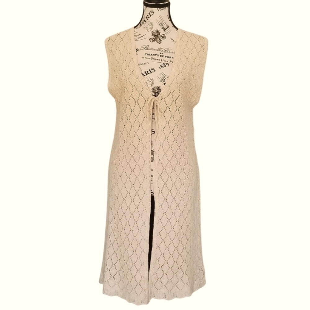 Vintage Y2K 90s Beige Cream Ramie Cotton Knit Crochet Front Tie Duster Vest
